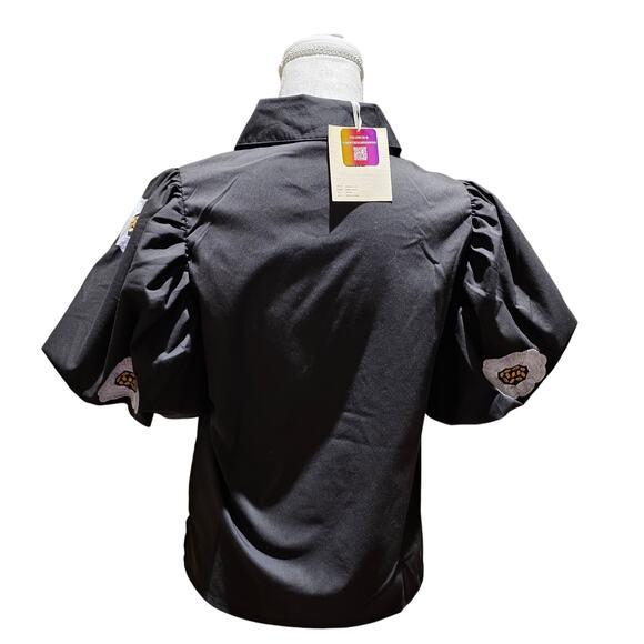 y Design S Black Puff Sleeve Button Up Embroidered Top NWT Poplin Holiday Chic - Picture 5 of 13